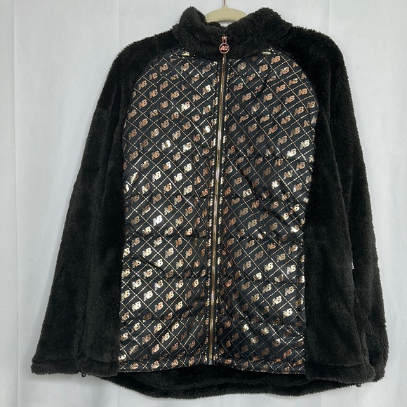 New Balance Black and Gold Pile Faux Fur Jacket - Picture 1 of 9